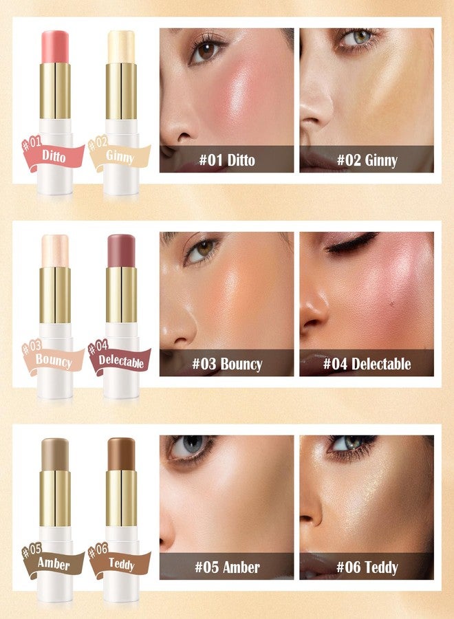 كيو اي يو اف اس اس اي مجموعة أقلام تحديد الوجه الكريمية من كيوفسي بستة ألوان، قلم برونزر كريمي مزدوج الأطراف، قلم إضاءة، قلم أحمر خدود، مجموعة مكياج احترافية لتحديد الوجه، سهلة التحديد (المجموعة أ) - Image 2